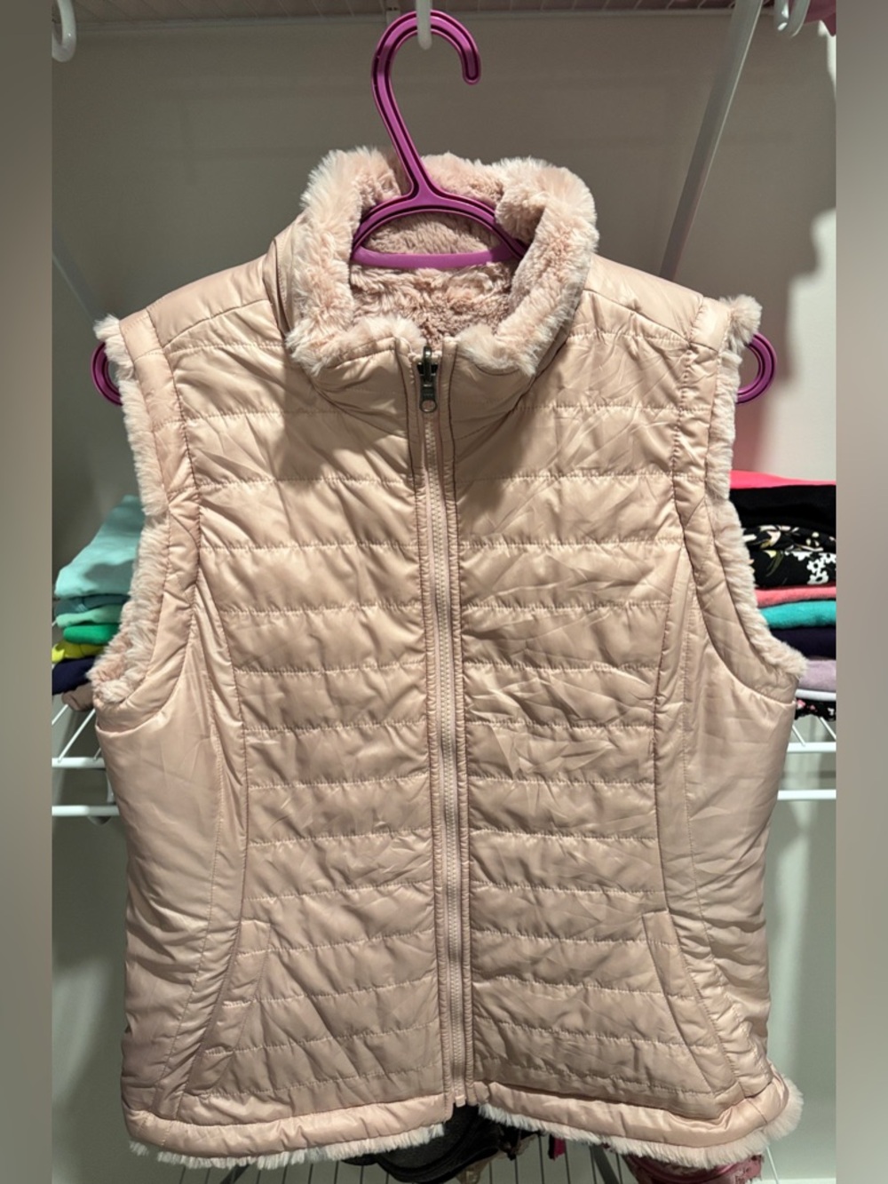 Women's Reversible Light Pink Quilted Faux-Fur Vest